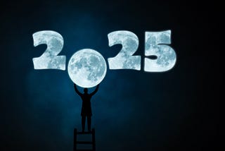 A drawing of a person holding up the number 2025. The zero is a moon.