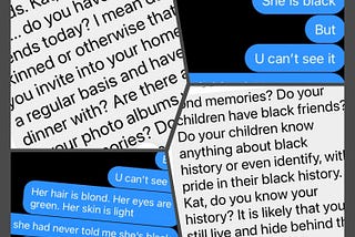 A collage of angry texts, questioning someone’s blackness.