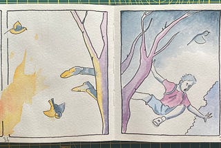A double paged spread from a sketchbook filled with four dramatic panels, in ink and watercolour