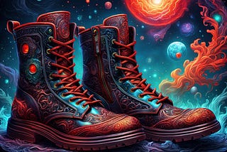 ornate red boots with a cosmic background, Generated with the assistance of Night Café AI exclusively for Cheryl Evans, Business Witch Academy