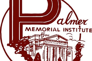 Burgundy logo for the Palmer Memorial Institute. Circular logo with a large P to start the name Palmer on the left and the rest of the name in cursive. Memorial Insitute is in an all-capitalized print font and fits under the curve of the P. Under the name is an outline of a building meant to be the Alice Freeman Palmer Building and some bushes around the bottom of the circle. Entire logo is encased by a circle.