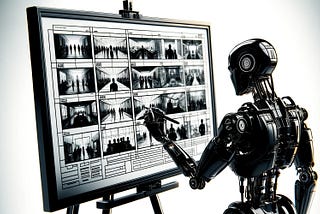 An image of a humanoid robot sketching a storyboard on a canvas.