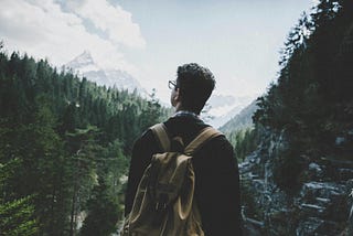 A man standing atop a rocky mountain under a partially cloudy sky. There are trees, trickling streams and lots of greenery in the distance.