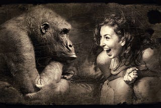 A woman laughing sitting opposite gorilla