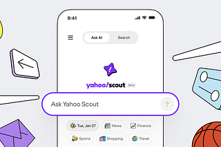 Yahoo! Scout beta mobile interface with Ask AI search bar, purple star icon, colorful category tiles (News, Finance, Sports, Shopping, Travel) on a light background.