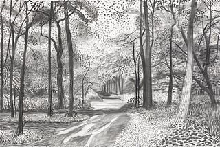 David Hockney, Woldgate 26–27 June 2012, coal. On show in the Van Gogh Museum in Amsterdam, spring 2019. Drawing of a mud road into the woods.