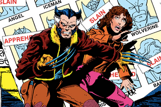 Logan protects Katherine Pryde in front of a wanted poster of mutants