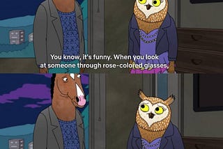 a screenshot from Bojack Horseman with a conversation between two characters that says, “You know, it’s funny. When you look at someone through rose-colored glasses, all the red flags just look like flags.”