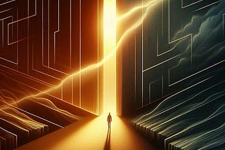 A symbolic representation of boundaries — an abstract landscape with dividing lines, walls, and shifting barriers. One side is bathed in comforting, warm light, representing security and familiarity, while the other fades into mystery, representing the unknown. A lone figure stands at the threshold, contemplating whether to step forward or remain within the safe confines.