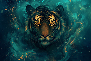 zodiac sign of a tiger, dark cyan and amber