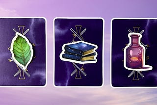 Three tarot pick a card piles: pile 1 — leaf, pile 2 — books, and pile 3 — vial
