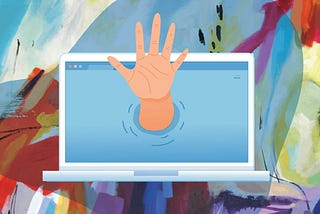 A hand reaching out from a laptop screen, in front of a multicolour background