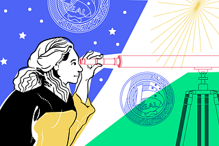 #PraTodosVerem: ilustração de uma mulher com o olho na lente de um telescópio com duas moedas de 1 real no fundo da imagem
