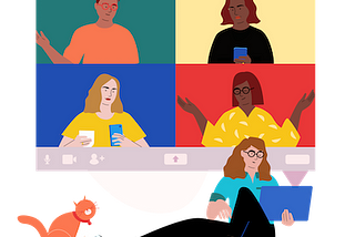 Illustration of group communicating virtually with a fellow cat.