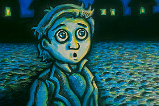 A young boy out alone, at night, staring at something we cannot see. By Emlyn Boyle.