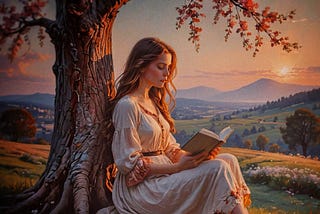 Picture of a young woman leaning against a tree, reading a book as the setting sun outlines her face in golden light.