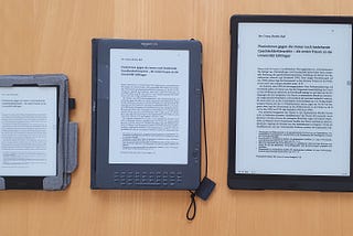 Three of many e-readers that I own: Onyx Boox Nova 2, Kindle DX, Onyx Boox Max Lumi