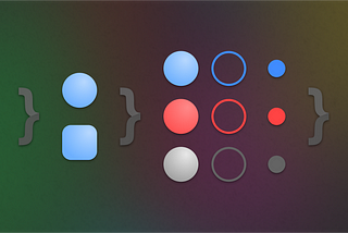 An illustration showing the general ideia of a cascading component in an abstract way in three steps: 1st — three circles of different sizes; 2nd - a circle and a square of the same size; 3rd -  9 circles with different colors, fillings and size.