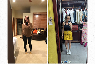 A before and after of 15 pounds weight loss. On the left a woman is in a bedroom in an oversized brown sweater and black leggings. On the right she is in a black tank top and yellow mini skirt inside a fabric store.