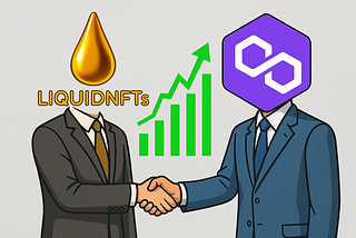 A wide-format cartoon-style digital illustration showing two humanoid characters with logos for head. One representing Liquid NFTs and the other representing Polygon. They are shaking hands confidently, and from their handshake, a glowing green upward-trending crypto candlestick chart emerges, symbolizing growth, partnership, and rising NFT utility on Polygon