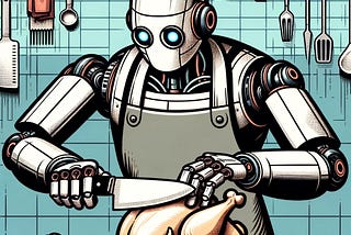IMAGE: A comic-style illustration of a robot butcher processing a chicken, showing the robot equipped with chef attire, skillfully butchering the chicken in a futuristic kitchen setting, emphasizing precision and efficiency in a whimsical manner