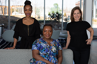 Powerhouse team at Realist Lab! From left to right: Isis-Rae Goulbourne, Marie Rocha, and Christine Sullivan. Not pictured: Joana G. Smith and Max Aristilde. (Photo By: Melissa Olguin)
