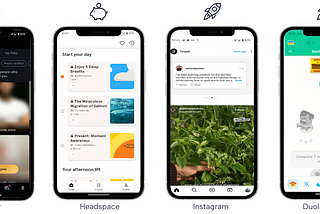 Screens from Tinder, Headspace, Instagram and Duolingo