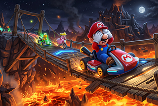 Mario driving on a wooden bridge with his eyes covered.