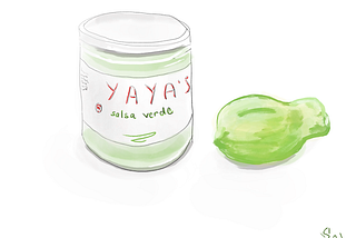 Cartoon: jar of salsa verde with a green tomato next to it.