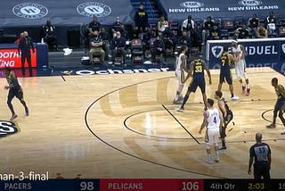 A Pelicans box set with Redick at the right elbow, Zion on the right block, Ingram on the left block, Adams at the left elbow