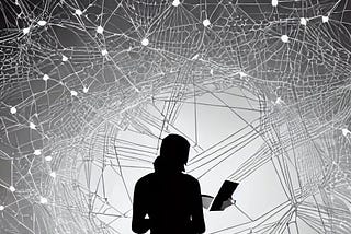 A silhouette of a person reading a book with a network of interconnected lines and nodes surrounding them.