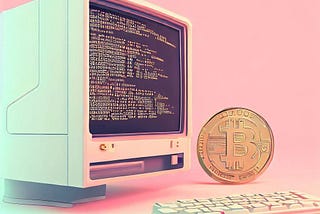 retro flat computer with terminal open beside a huge bitcoin, smooth 3d render background pastel pink