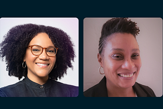 Two headshots of Black women filmmakers wearing in black shirts and smiling toward the camera