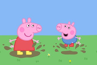 Peppa Pig and baby George splash in the mud puddles.