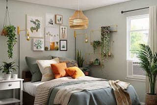 Clean & artful bedroom with plants and sunlight.