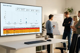 A large screen displays a Work Item Age chart with scatter plot and colour-coded detail table. The facilitator’s desk sits empty in the foreground. In the background, a small team discusses their work together by a whiteboard.