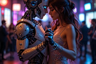A futuristic humanoid robot and a young woman dance closely in a dimly lit ballroom with colourful neon lights in the background.