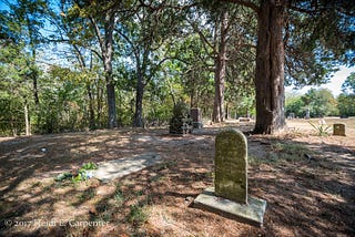 A cemetery with old gravestones and a pine tree.
