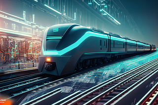 Trem futurístico percorrendo trilho híbrido de ferro e digital flutuante com estação dele de circuitos de placa, em ambiente cibernético.