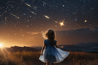 A little girl chasing the stars under a meteor shower