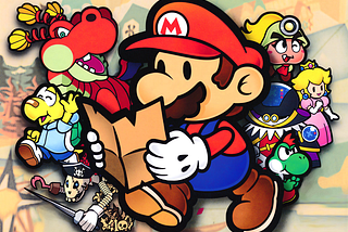 Key art from Paper Mario: The Thousand Year Door. Depicts Mario reading a folded map surrounded by other characters from the game.