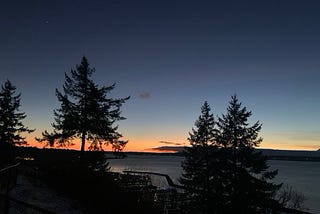 An image of the New year’s eve sunset behind some pine trees, Puget Sound, and the Olympic Mountains.