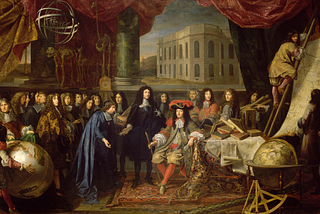 Colbert Presenting the Members of the Royal Academy of Sciences to Louis XIV in 1667. Many white men in fancy clothes and big wigs stand and sit about. The new observatory appears far in the background.