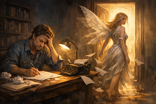 A frustrated writer sitting at his desk, as his winged muse walks away
