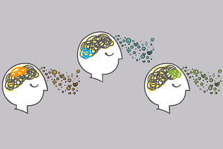 Three hand-illustrated heads with brains lit up in different areas with different colors. Cognition is streaming from these minds, shown as colorful crystal balls (inner thinking), hearts (emotional reactions), and stars (personal rules).