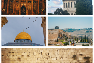 Five images: inside the Church of the Holy Sepulcre,Jerusalem; the Shrine of the Bab in Haifa; The Dome of the Rock, Jerusalem; the Muslim quarter,Jerusalem, and the Wailing Wall, Jerusalem, Israel