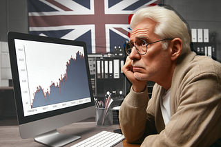An elderly man looking depressed at a line chart.