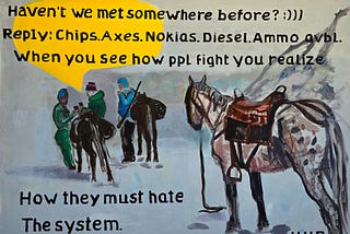Painting “Kontrabanda” by HANS HEINER BUHR, 2024 with packhorses and mountain men in the Caucasus