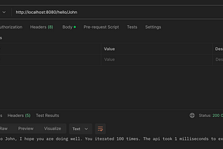 After calling the API from Postman, the result is the returned string from the API concatenated with the execution time information from the around advice