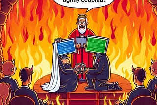 An image of a marriage taking place in hell. Two code modules are getting married as the pastor says “I declare you tightly coupled”.